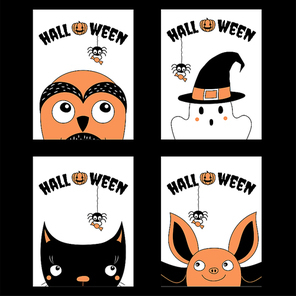 Set of hand drawn templates for Halloween greeting cards, invitations, posters, in orange, black and white, with cute cartoon characters and text. Vector illustration. Design concept for children.