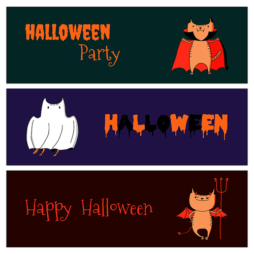 Hand drawn vector banners with cute funny cartoon cats: ghost, devil, vampire, with place for text. Isolated objects. Design concept for kids, Halloween elements.