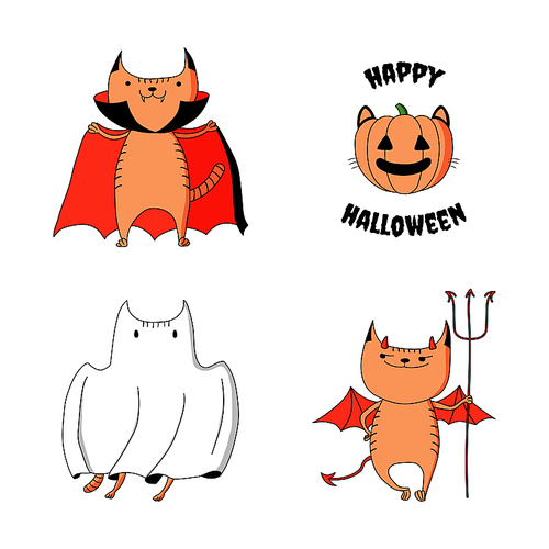 Hand drawn vector illustration of cute funny cartoon cats: ghost, devil, vampire, jack o lantern pumpkin with ears, whiskers, text. Isolated objects on white . Design concept kids, Halloween