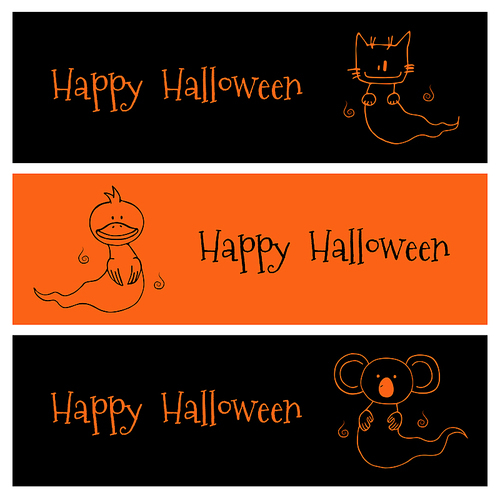 Hand drawn vector banners in black and orange with cute funny cartoon ghost animals: cat, duck, koala, with place for text. Isolated objects. Design concept for children, Halloween elements.