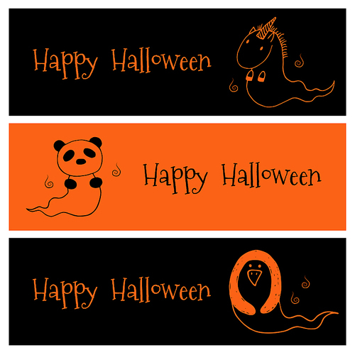 Hand drawn vector banners in black and orange with cute funny cartoon ghost animals: unicorn, panda, penguin, with place for text. Isolated objects. Design concept for children, Halloween elements.