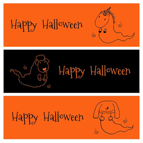 Hand drawn vector banners in black and orange with cute funny cartoon ghost animals: unicorn, sheep, dog (or bunny), with place for text. Isolated objects. Design concept for kids, Halloween elements.