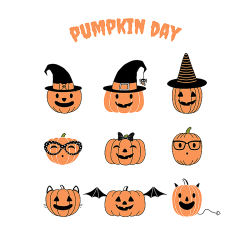 Set of hand drawn vector funny cartoon pumpkins with different faces, witch hats, glasses, ribbon, cat ears, whiskers, bat wings, horns and tail, with text Pumpkin day. Design concept kids, Halloween.