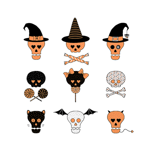 set of hand drawn vector funny cartoon skulls with different s, witch hats, candy, lollipops, bones, ribbons, cat ears, whiskers, bat wings, horns and tail. design concept for kids, halloween.