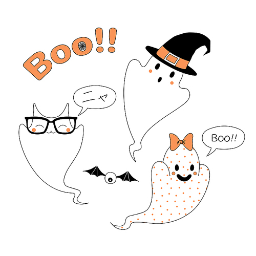 Hand drawn vector illustration of funny cartoon ghosts, with cat ears saying Meow (Nya) in Japanese, in a witch hat, with a ribbon saying Boo, with text Boo. Design concept for children, Halloween.