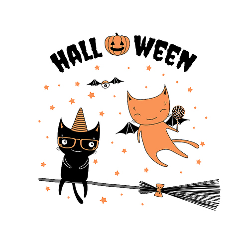 Hand drawn vector illustration of funny cartoon cats, one with bat wings holding a lollipop, another in a hat, flying on a broomstick, with text and pumpkin. Design concept for children, Halloween.