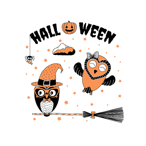 Hand drawn vector illustration of funny cartoon owls, one with a ribbon, another in a witch hat, glasses and bow tie, flying on a broomstick, with text and pumpkin. Design concept for kids, Halloween.