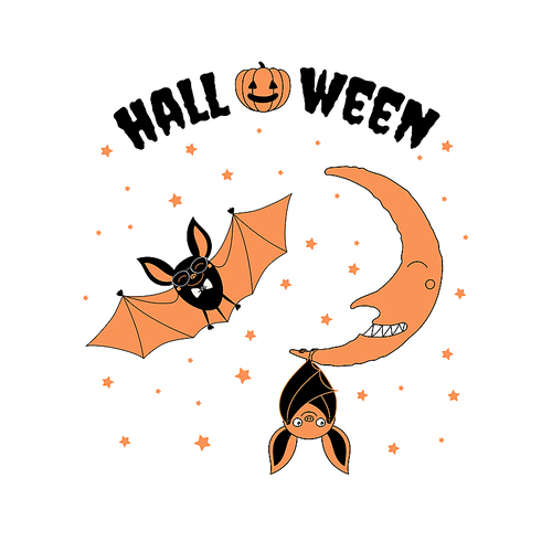 Hand drawn vector illustration of funny cartoon bats , one hanging upside down from a smiling crescent moon, another in glasses and bow tie, with text and pumpkin. Design concept for kids, Halloween.