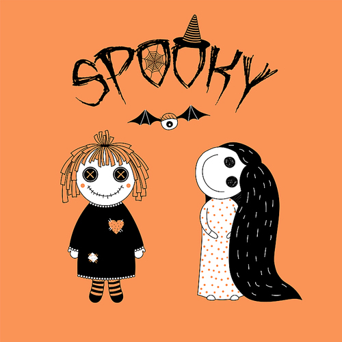 Hand drawn vector illustration of funny spooky cartoon girls, a rag doll with stitched mouth, and a girl in a night gown with a big smile and very long hair, with text. Design concept kids, Halloween.