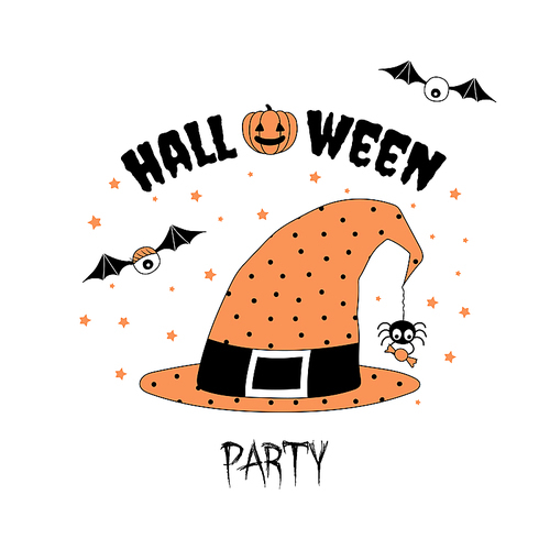 Hand drawn vector illustration of an orange witch hat with polka dots, with spider holding candy hanging on a web thread from its tip, with text Halloween party. Isolated objects Design concept kids.