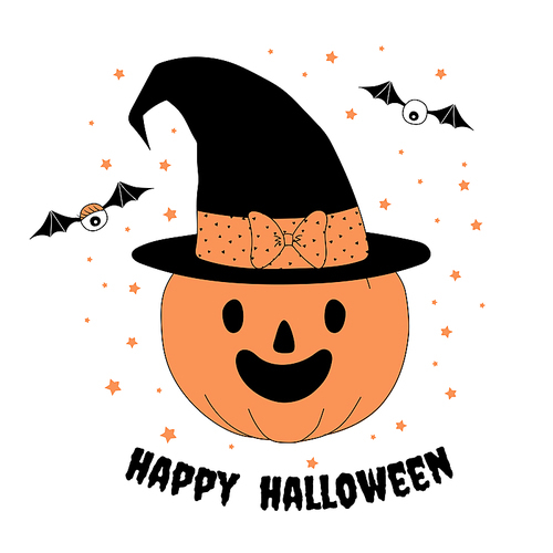 hand drawn vector illustration of a funny cartoon pumpkin in a witch hat with a bow, with eyes on bat wings, with text happy halloween. isolated objects on . design concept for kids.