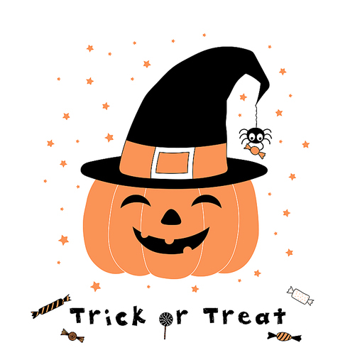 Hand drawn vector illustration of a funny cartoon pumpkin in a witch hat, with spider holding candy hanging on a web thread from its tip, with text Trick or Treat. Design concept for kids, Halloween.