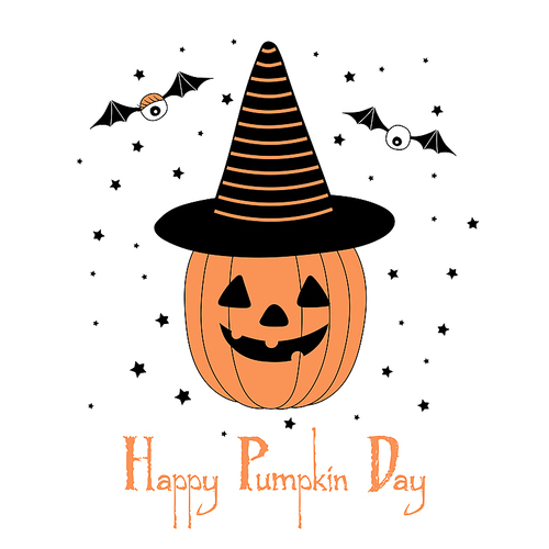 Hand drawn vector illustration of a funny cartoon pumpkin in a striped pointy hat, with eyes on bat wings, with text Happy Halloween. Isolated objects on white . Design concept for kids.
