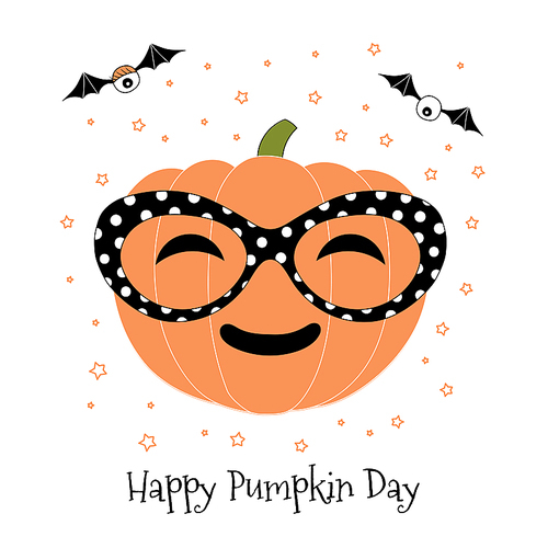 hand drawn vector illustration of a funny cartoon pumpkin in big polka dots glasses, with eyes on bat wings, with text happy pumpkin day. isolated objects on white . design concept halloween