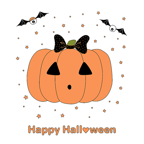 Hand drawn vector illustration of a funny cartoon pumpkin with a bow on its stem, with eyes on bat wings, with text Happy Halloween. Isolated objects on white . Design concept for children.