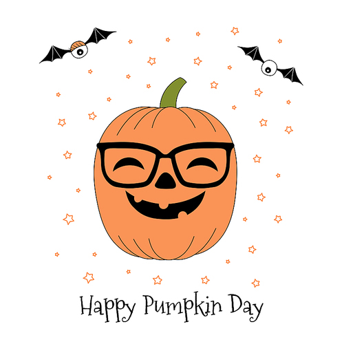 Hand drawn vector illustration of a funny cartoon pumpkin in vintage glasses, with eyes on bat wings, with text Happy Pumpkin Day. Isolated objects on white . Design concept for Halloween.
