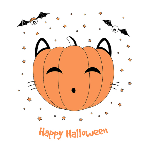 hand drawn vector illustration of a funny cartoon pumpkin with cat ears and whiskers, with eyes on bat wings, with text happy halloween. isolated objects on white . design concept for kids.