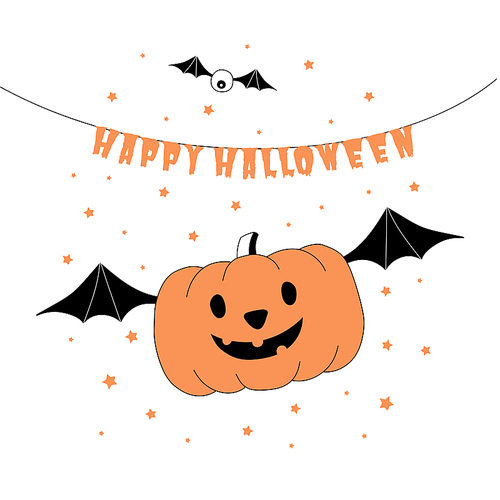 hand drawn vector illustration of a funny cartoon pumpkin flying on bat wings,, with text happy halloween hanging on a string. isolated objects on white . design concept for children.