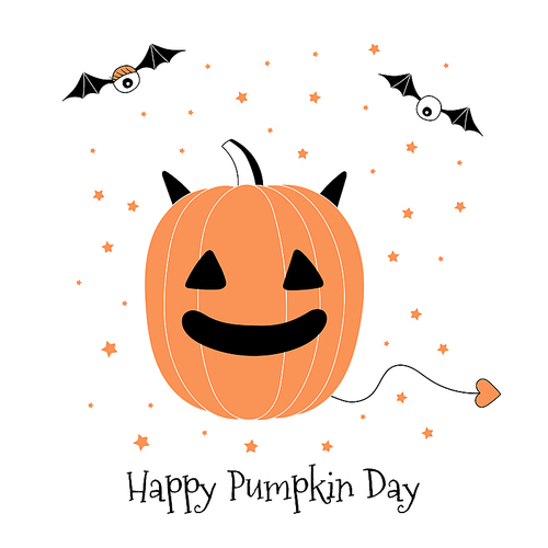 hand drawn vector illustration of a funny cartoon pumpkin with horns and tail, with eyes on bat wings, with text happy pumpkin day. isolated objects on white . design concept for halloween.