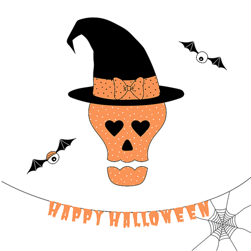 Hand drawn vector illustration of a funny cartoon skull with heart shaped eyes, in a witch hat with a bow, with hanging text Happy Halloween. Isolated objects on white . Design concept kids.