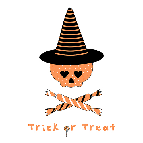 Hand drawn vector illustration of a funny cartoon skull with heart shaped eyes, in a striped pointy hat, with candy and text Trick or Treat. Isolated objects on white . Design concept kids.