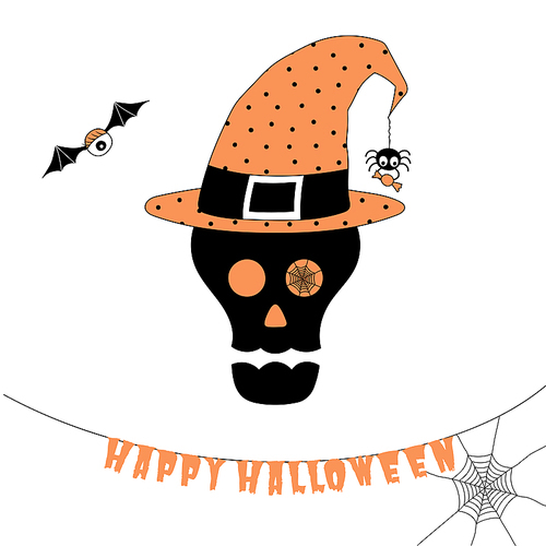Hand drawn vector illustration of a funny cartoon skull in a polka dots witch hat, with spider holding candy hanging on a web thread from its tip, with text Happy Halloween. Design concept for kids.
