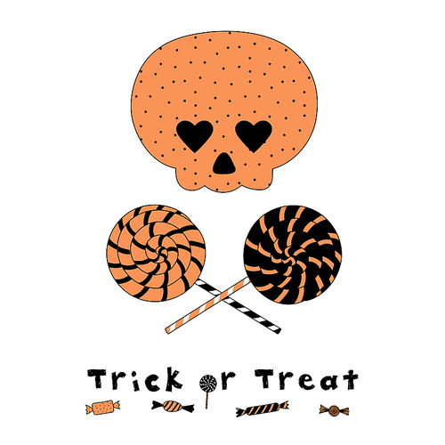 Hand drawn vector illustration of a funny cartoon skull with heart shaped eyes, with spiral lollipops, candy and text Trick or Treat. Isolated objects on white . Design concept Halloween.