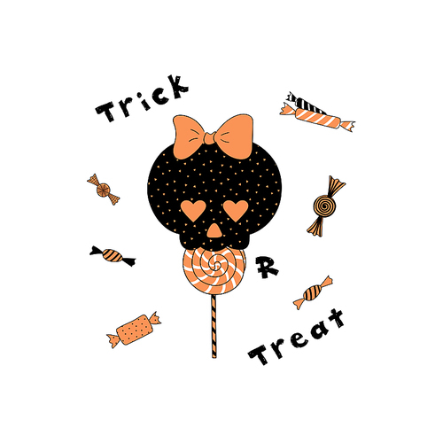 Hand drawn vector illustration of a funny cartoon skull with heart shaped eyes, eating lollipop, with candy and text Trick or Treat. Isolated objects on white . Design concept Halloween.