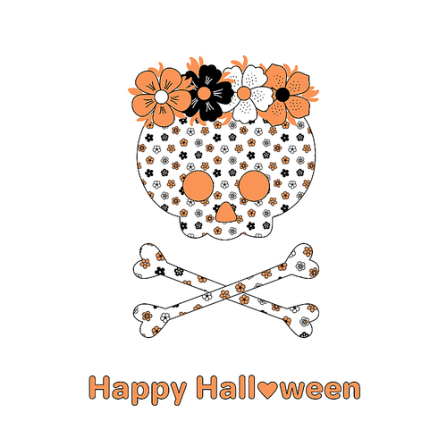 Hand drawn vector illustration of a funny cartoon skull and crossbones with a flower pattern, in a flower chain, with text Happy Halloween. Isolated objects on white . Design concept kids.