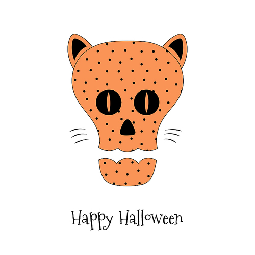 Hand drawn vector illustration of a funny cartoon skull with polka dots pattern, with cat ears, eyes and whiskers, text Happy Halloween. Isolated objects on white . Design concept for kids.