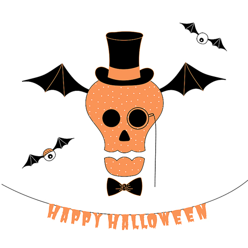 Hand drawn vector illustration of a funny cartoon skull in a bow tie, top hat and monocle, flying on bat wings, with hanging text Happy Halloween. Isolated objects on white . Design concept.