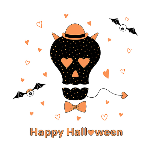 Hand drawn vector illustration of a funny skull with heart shaped eyes, horns and tail, in a bow tie and bowler hat, with text Happy Halloween. Isolated objects on white . Design concept.