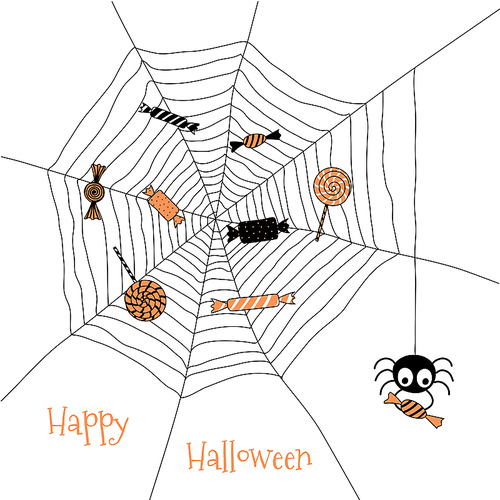 Hand drawn vector illustration of a spider web with sweets caught in it and a funny cartoon spider holding candy hanging from a thread, with text Happy Halloween. Design concept for children.