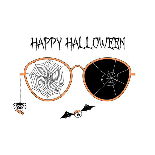 Hand drawn vector illustration of cracked glasses, spider web, spider holding candy hanging on a thread, flying eyes on bat wings, with text Happy Halloween. Isolated objects Design concept for kids.