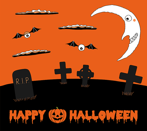 Hand drawn vector illustration of graveyard landscape, with clouds and smiling crescent moon in the orange sky, with text Happy Halloween and a pumpkin. Isolated objects. Design concept for children.