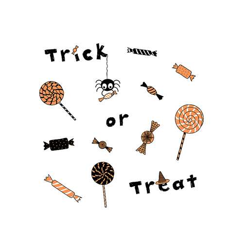 hand drawn vector illustration of a funny cartoon spider holding candy hanging from a thread, different sweets and text trick or treat. isolated objects on white . design concept halloween.