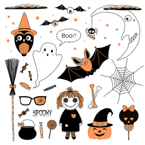 Set of hand drawn vector Halloween design elements, including witch hat, pumpkin, glasses, spider, candy, skull, bones, web, ghost, crescent moon, clouds bat owl broomstick rag doll cauldron
