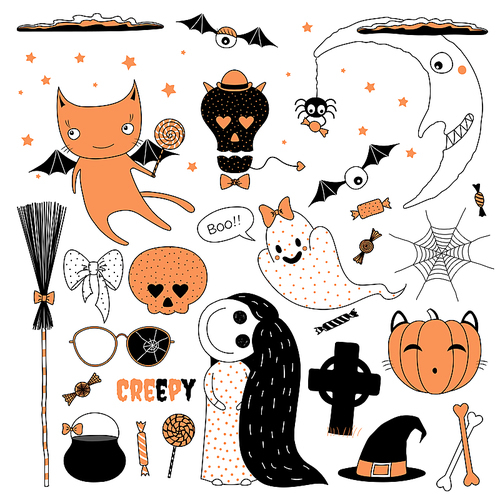 Set of hand drawn vector Halloween design elements, including witch hat, pumpkin, glasses, spider, candy, skull, bones, web, ghost, moon, cat broomstick little creepy girl cauldron grave stone