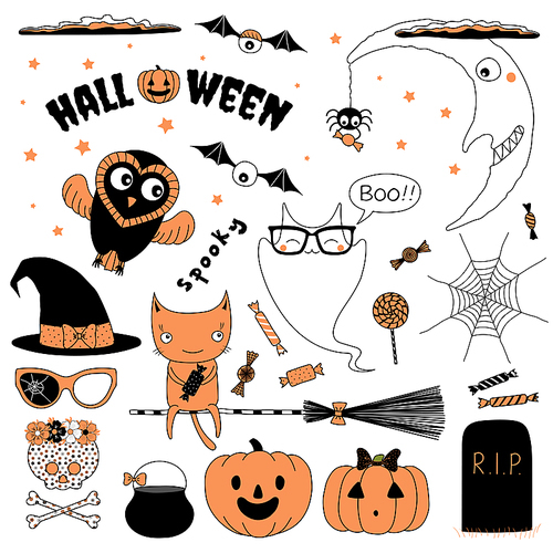Set of hand drawn vector Halloween design elements: witch hat, pumpkin, glasses, spider, candy, skull, bones, web, ghost saying Meow (Nya) in Japanese, moon, cat on a broomstick, cauldron, grave stone