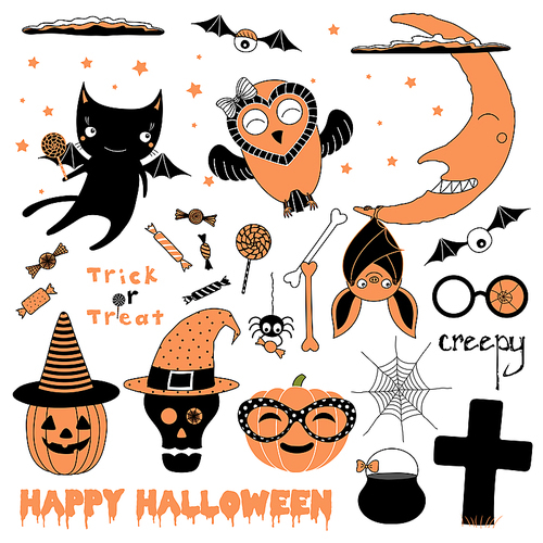 Set of hand drawn vector Halloween design elements witch hat, pumpkin, glasses, spider, candy, skull, bones, web, crescent moon, flying cat with a lollipop, owl, hanging bat, cauldron grave stone