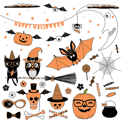 Set of hand drawn vector Halloween design elements witch hat, flying pumpkin, glasses, spider, candy, skull, bones, web, crescent moon, clouds, cat and owl on a broomstick, bat, cauldron flowers
