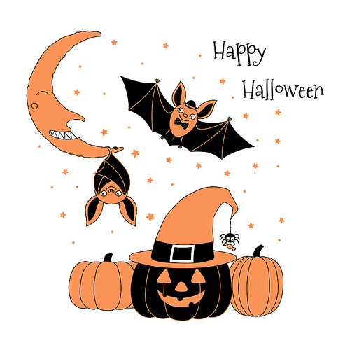 Hand drawn vector illustration of cute funny bats, pumpkins, jack o lantern in a witch hat, spider holding candy, text Happy Halloween. Isolated objects on white . Design concept for kids.