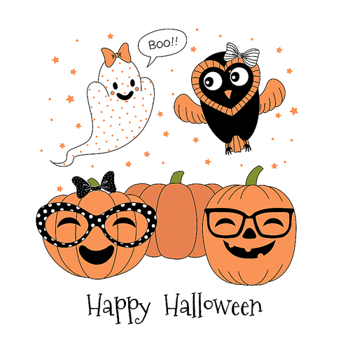 Hand drawn vector illustration of cute funny pumpkins in glasses, ghost with a bow saying Boo, flying owl, text Happy Halloween. Isolated objects on white . Design concept for children.