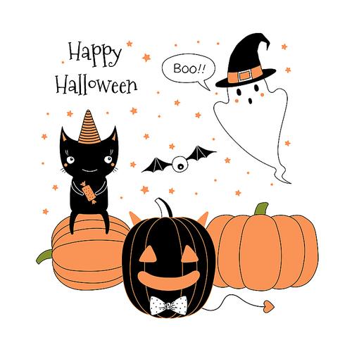 hand drawn vector illustration of jack o lantern, cute funny ghost in a witch hat, black cat sitting on a pumpkin, text happy halloween. isolated objects on white . design concept for kids.