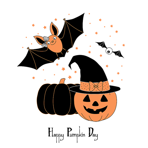 hand drawn vector illustration of a cute funny bat, pumpkin, jack o lantern in a witch hat with a bow, text happy pumpkin day. isolated objects on . design concept for kids, halloween.