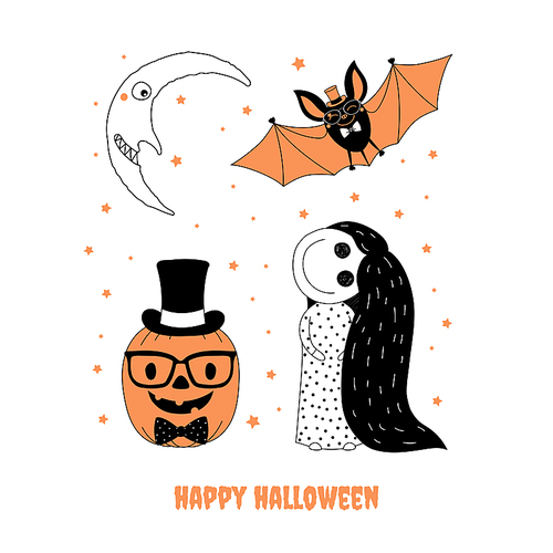 Hand drawn vector illustration of cute funny pumpkin in glasses and top hat, little creepy girl, bat, smiling moon, text Happy Halloween. Isolated objects on white . Design concept for kids.