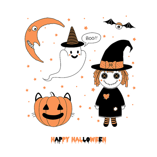 hand drawn vector illustration of a pumpkin with cat ears, cute funny ghost in a witch hat, rag doll, crescent moon, text happy halloween. isolated objects on white . design concept for kids