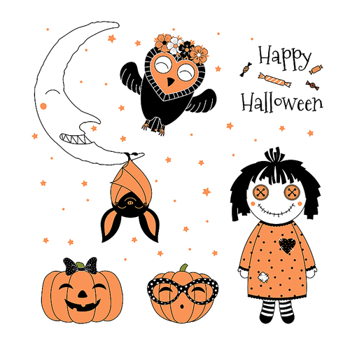 hand drawn vector illustration of cute funny pumpkins, bat hanging on the moon, flying owl in a flower chain, rag doll, text happy halloween. isolated objects on white . design concept kids.