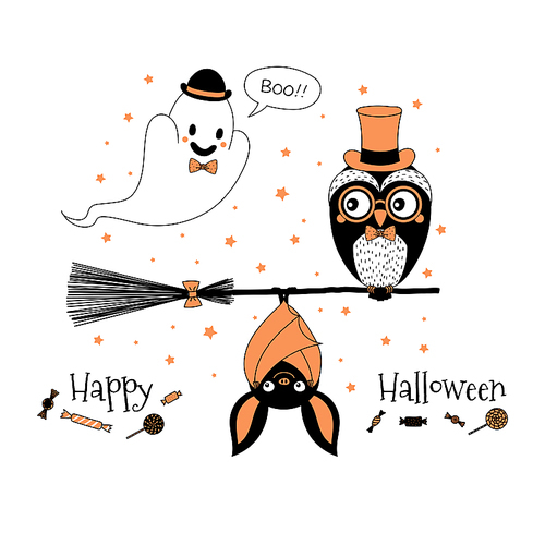 Hand drawn vector illustration of a cute funny owl on a broomstick, hanging bat, ghost in a bowler hat saying Boo, text Happy Halloween. Isolated objects on white . Design concept children.