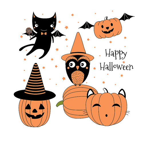 hand drawn vector illustration of cute funny pumpkins, owl in a witch hat, flying black kitten with a lollipop, text happy halloween. isolated objects on white . design concept for children.